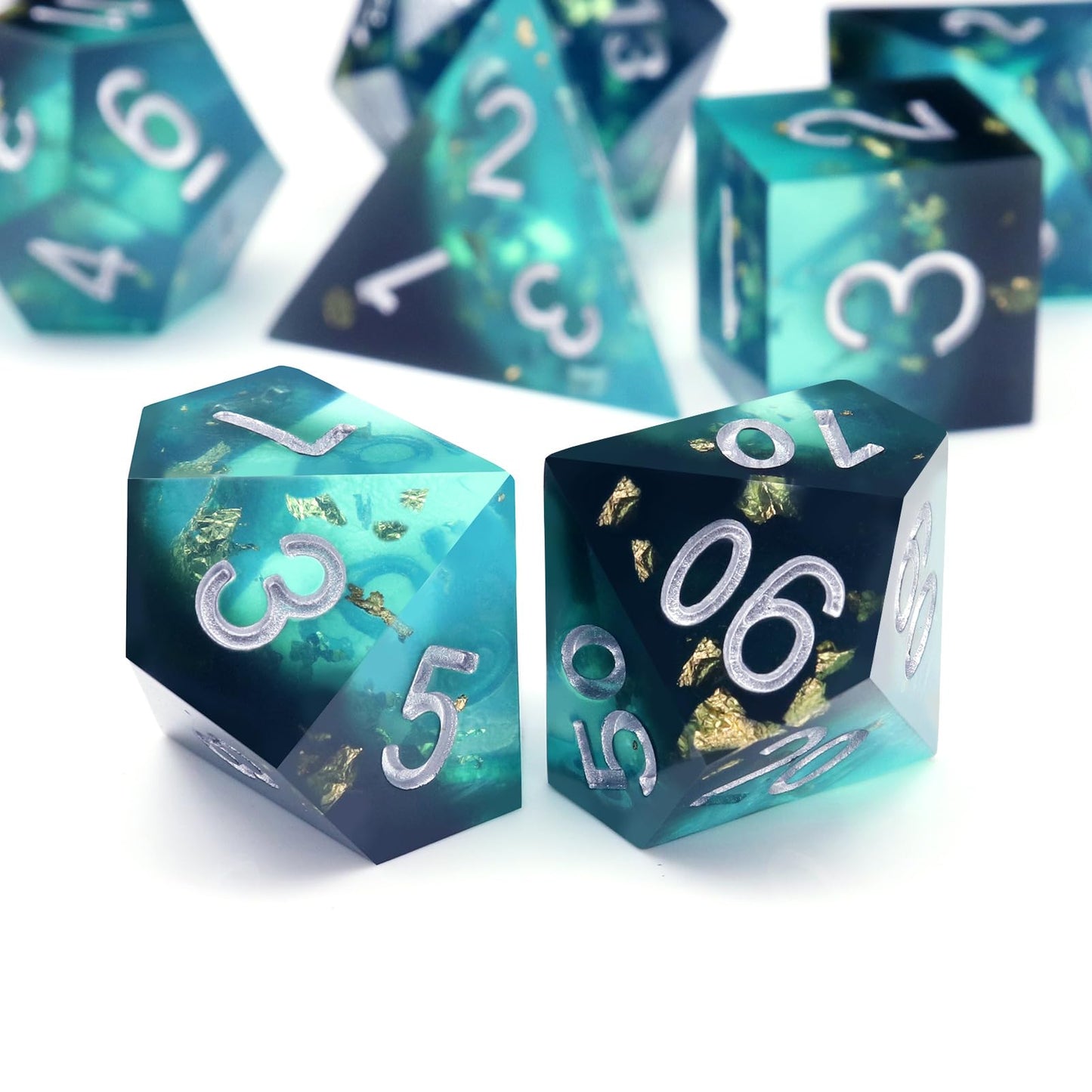 PJOY DND Sharp Edged Dice Set, 7pcs Blue and Black Resin DND Dice Set D&D Polyhedral Dice with Dice Case for Role Playing Dice G