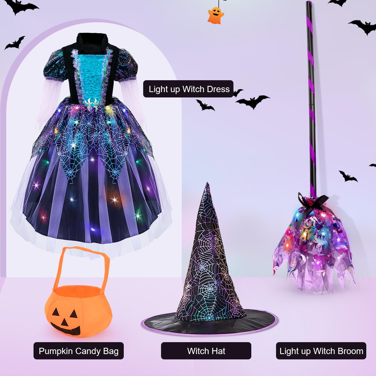 Meland Witch Costume For Girls - Light Up Halloween Costume For Girls Dress Up, Halloween Costume For Girls Age 4-11 Year Old