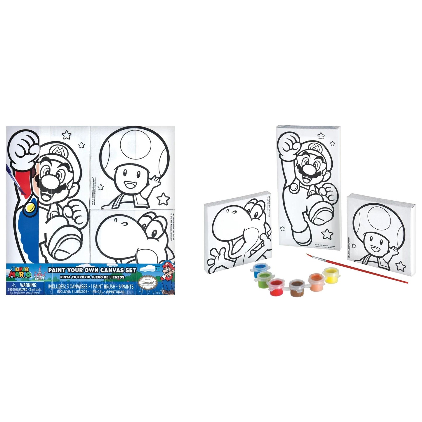 Amscan Super Mario Brothers Color-Your-Own Canvas - Includes 3 Unique Canvases, 6 Vibrant Paints, and 1 Paintbrush for Budding A