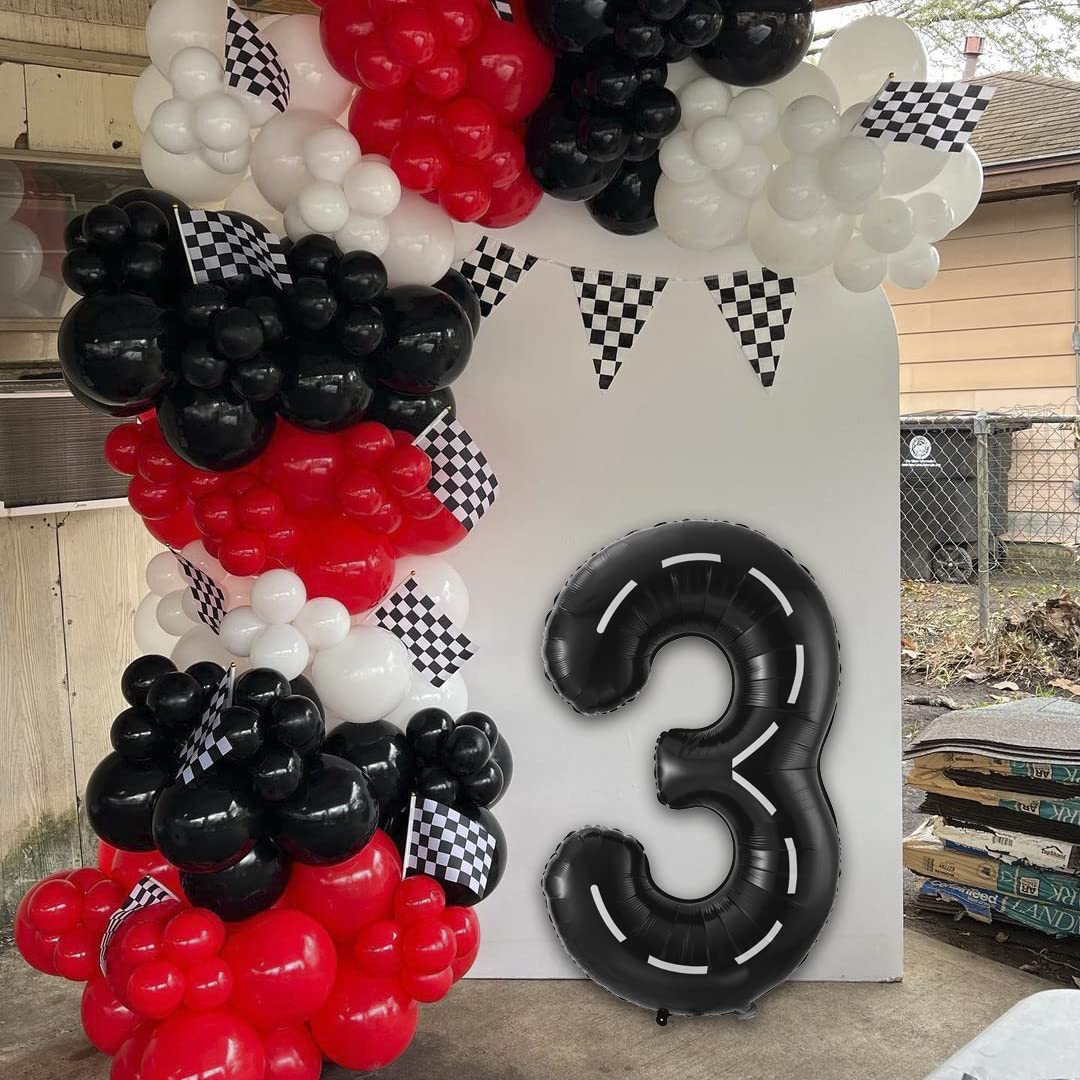 BBPOOL Race Car Number 3 Balloons, 40 Inch Mylar Racing Car Birthday Party Decor, Black 3 Balloon for Cars Theme