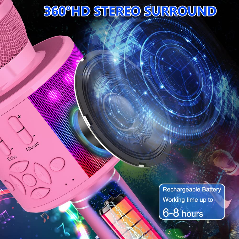 Amazmic Toys For Girls, Kids Karaoke Microphone Toddler Microphone For Kids With Lights, Birthday Gift For Girls, Boys Toy Age 3 4 5 6 7 8 9 10-14+(Pinkcolor)