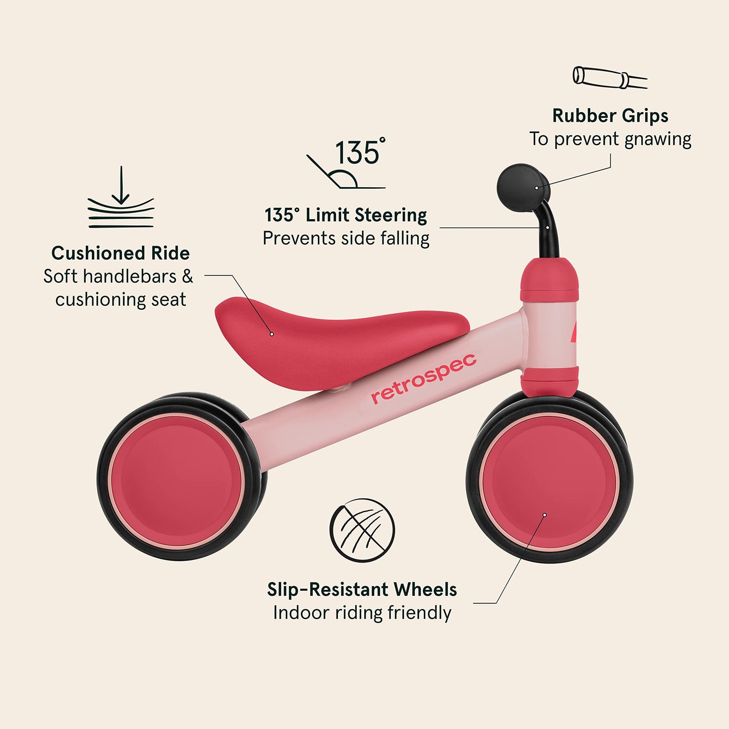 Retrospec Cricket Baby Walker Balance Bike With 4 Wheels For Ages 12-24 Months - Toddler Bicycle Toy For 1 Year Old’S - Ride On Toys For Boys And Girls - One Size