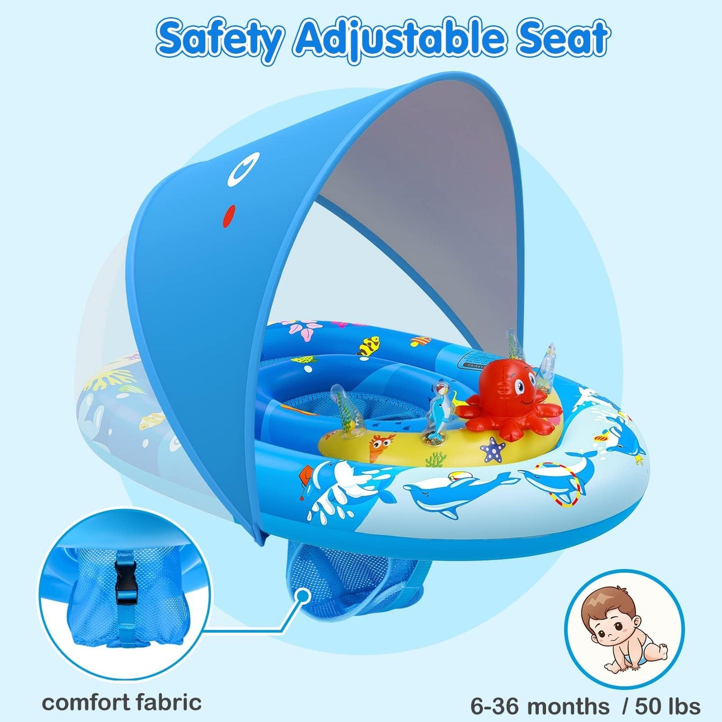 Ezigo Baby Pool Float With Canopy Upf50+ Sun Protection, Inflatable Kids Pool Float With Ocean Animal Toys For Babies 6-36 Months, Infant Swimming Float With Adjustable Safety Seat For Boys Girls