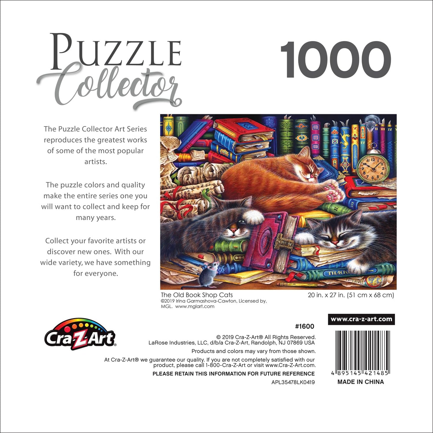 RoseArt 1000 Piece Jigsaw Puzzle - The Old Book Shops Cats - Multi-colored - Model 1600ZZCL - Perfect for Adults