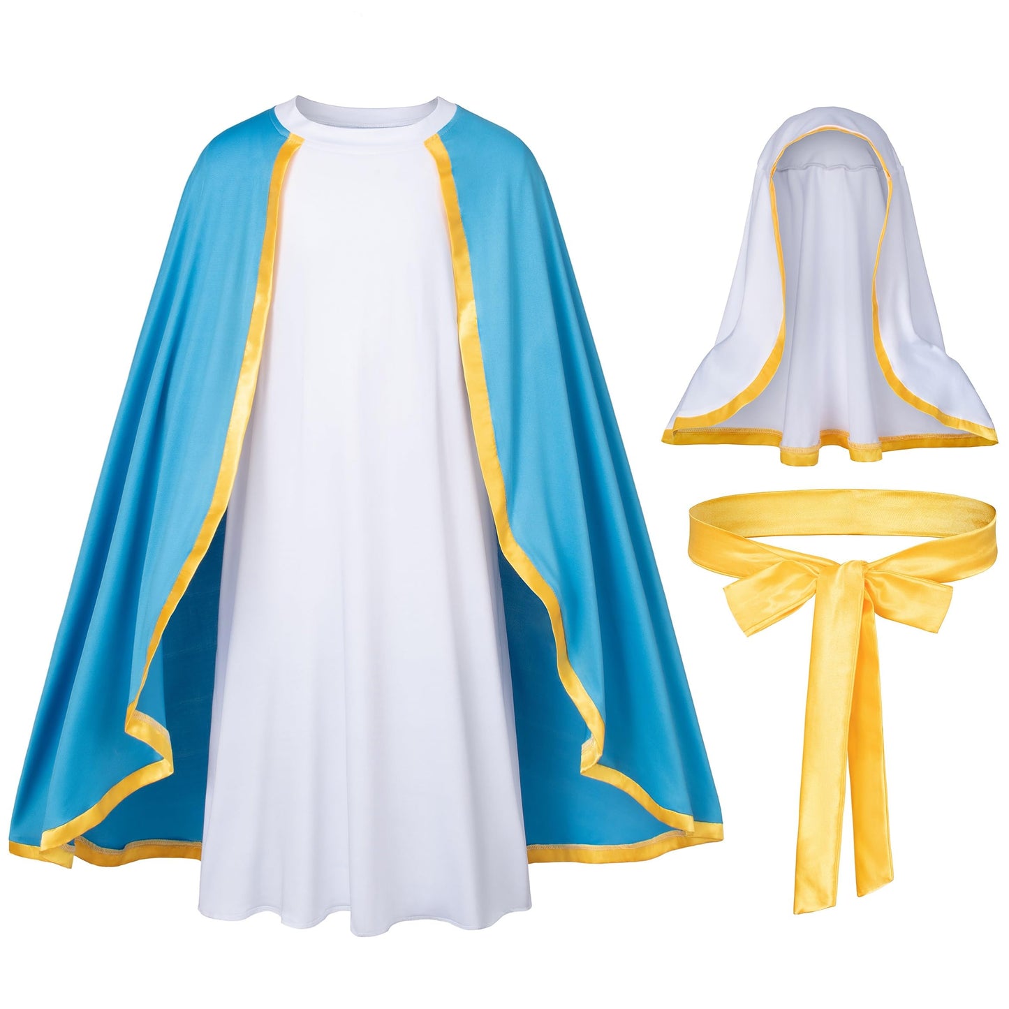 Irtysh Classic Girl Biblical Religious Virgin Mary Costume Fancy Dress Costume Headwrap Hat Waist Rope Set(7-8Years)