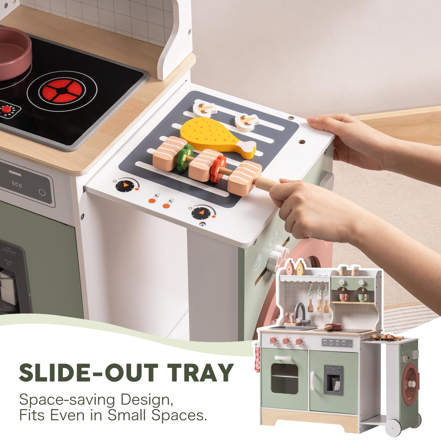 ROBOTIME Wooden Play Kitchen, Wood Kids Play Kitchen with Ice Maker and BBQ, Kids Play Kitchen Pretend Play Set with Lights & So