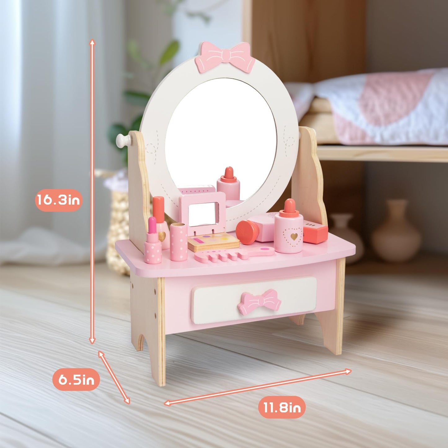 Wooden Vanity Set For Kids, Pretend Play Toddler Makeup Vanity Table Toys With 360 Rotatable Mirror, Beauty Salon Set Includes M