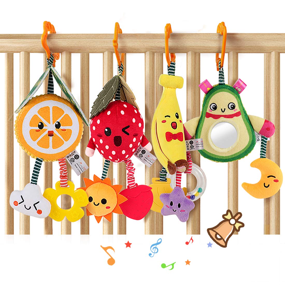 Tumama Baby Toys For 3 6 9 12 Months,Hanging Fruit Rattles Avocado,Banana,Orange And Strawberry,Stroller Mobile Toys,Plush Soft Rattles For Boys,Girls Christmas Gifts,4 Pack