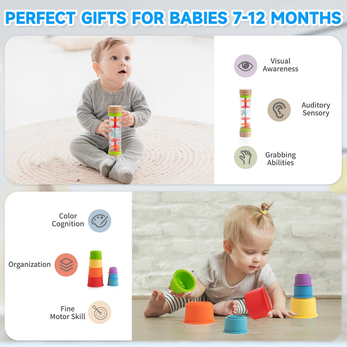 Woodmam Montessori Toys For Babies 6-12 Months, 9 In 1 Educational Wooden Toys Set, Includes Object Permanent Box, Stacking Cups, Mirror Puzzle, Ring Stacker And More