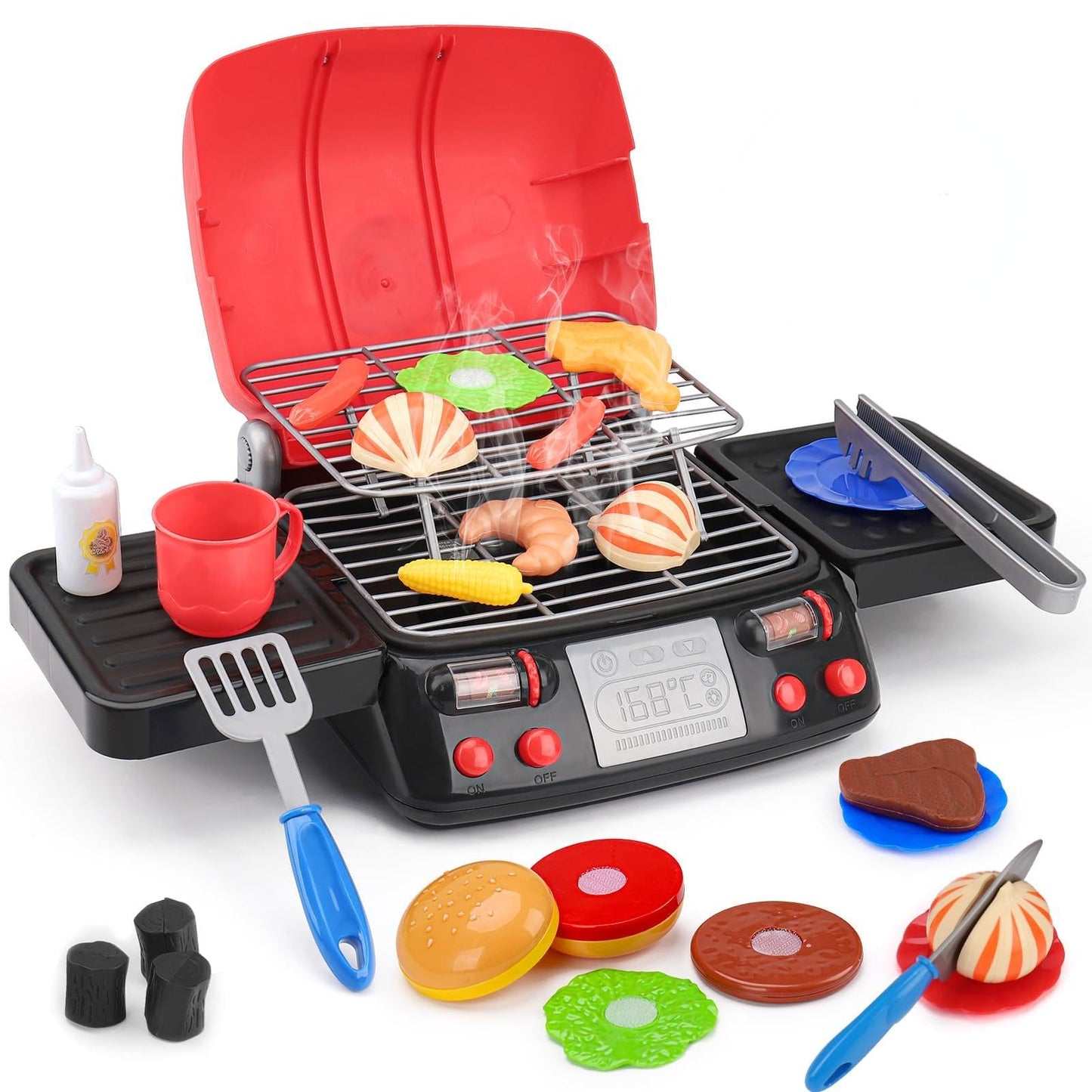 Kids Grill Playset Kitchen Toys With Apron Hat For Cooking Food Smoke Light Outdoor Pretend Play Accessories 3-5 4-8 Bbq Outside