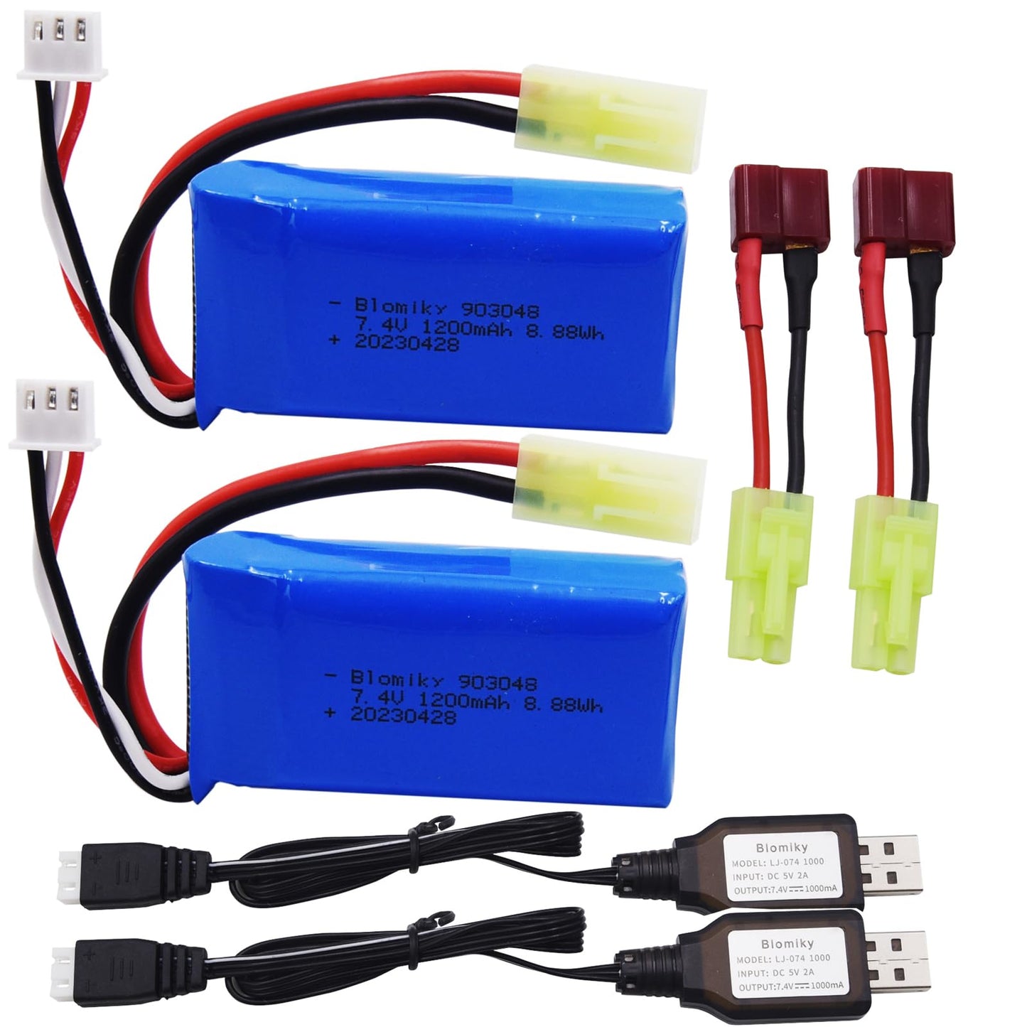 Blomiky 2 Pack 7.4V 1200mAh 8.88Wh Li-PO Battery and 2 USB Charger Cable Replacement for 1/18 Scale 9310 9300 9301E 9302E 9303E