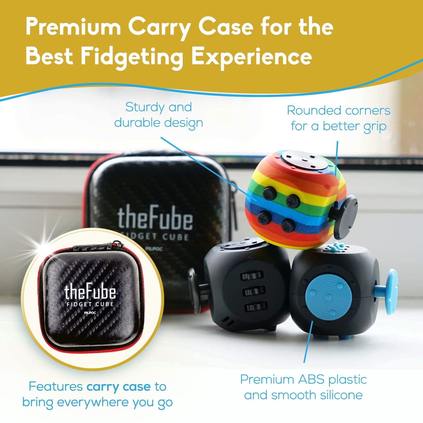 Pilpoc Thefube Fidget Cube - 6 Sided Toy For Adults And Kids - Stress Relief & Focus - Audible/Silent With Carry Case (Navy Shad