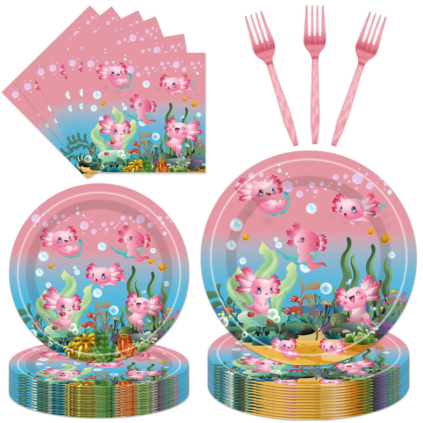 96Pcs Axolotl Birthday Party Supplies - Pink Reptile Animals Axolotl Plates Napkins Forks Disposable Tableware Set Girl Axolotl