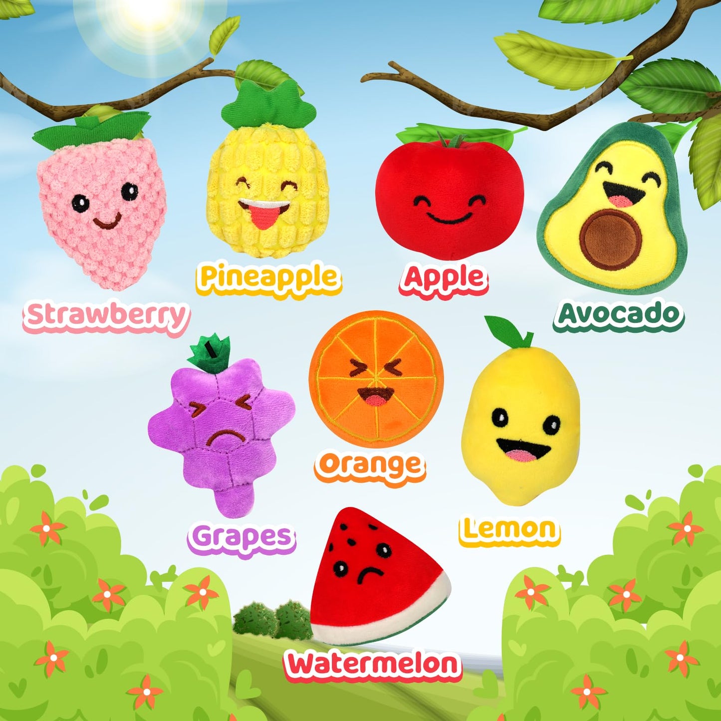 Sensory Toys For Kids, 8 Pack Mini Fruit Soft Stuffed Plush Toy For Girls Or Boys As Party Decorations, Toddler Pretend Play Kitchen Food, Strawberry, Avocado, Pineapple And Orange