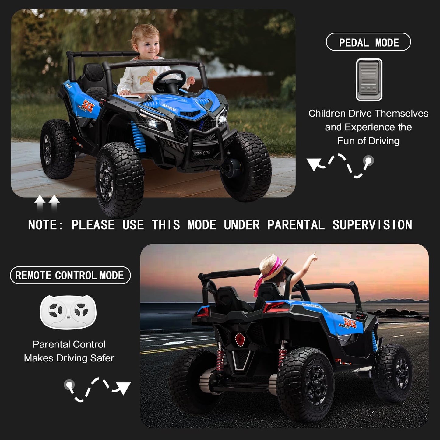 MOLACHI 2 Adjustable Seater Kids Ride on Car Truck 24V Children Electric Cars 4WD Soft Start Kid Remote Control Vehicle 3 Speeds LED Lights 4 Shock Absorbers Bluetooth Music & Horn -Blue