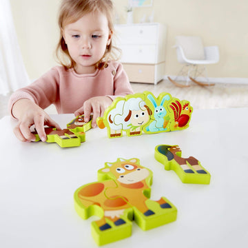 Hape Numbers & Farm Animal Puzzle Double-Sided Wooden Jigsaw Game For Kids 10-Piece, Multi-Coloured