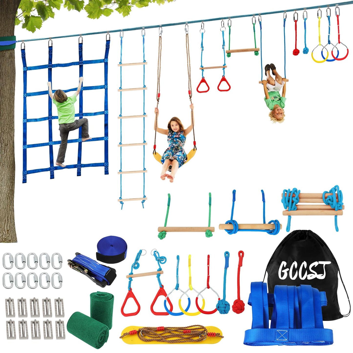 65Ft Ninja Warrior Obstacle Course For Kids With 12 Obstacle Course Accessories-Swings, Monkey Bars, Arm Trainers And More, Suit