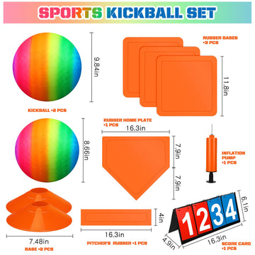 Jenaai 9 Pcs Sports Kickball Set - 2 Kickballs, 5 Bases, Scoreboard, Pump - 10" & 8.5" - Orange, PVC Material