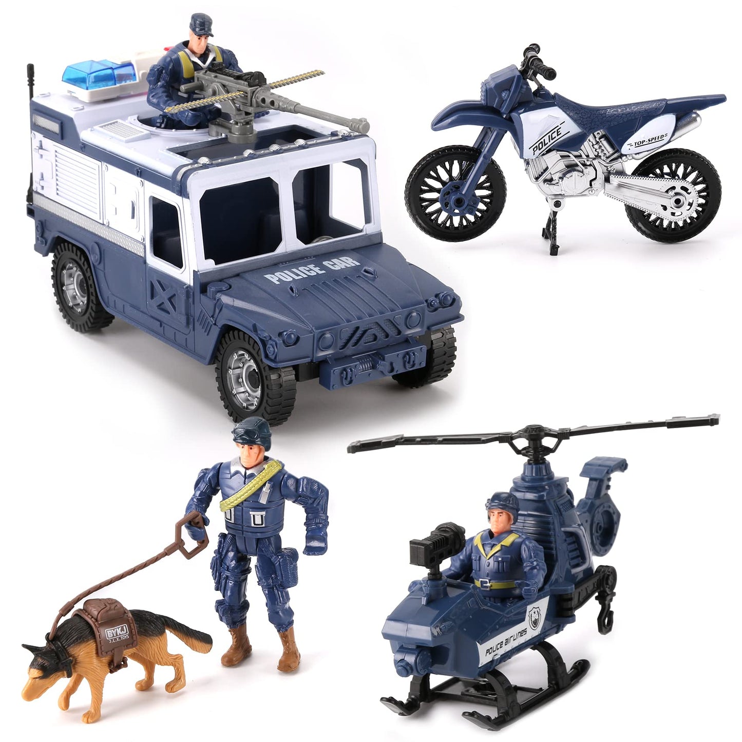Liberty Imports 8 PCS Police Rescue Patrol Toy Vehicles and Figures Playset - Helicopter SWAT Truck Motorcycle Action Figures K-9 and Accessories for Kids Imaginative Pretend Play