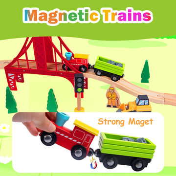 Train Set 40Pcs Wooden Train Set For Toddler Kids, Magnetic Train Toys With Wooden Train Track Fits Melissa And Doug, Fits Brio,