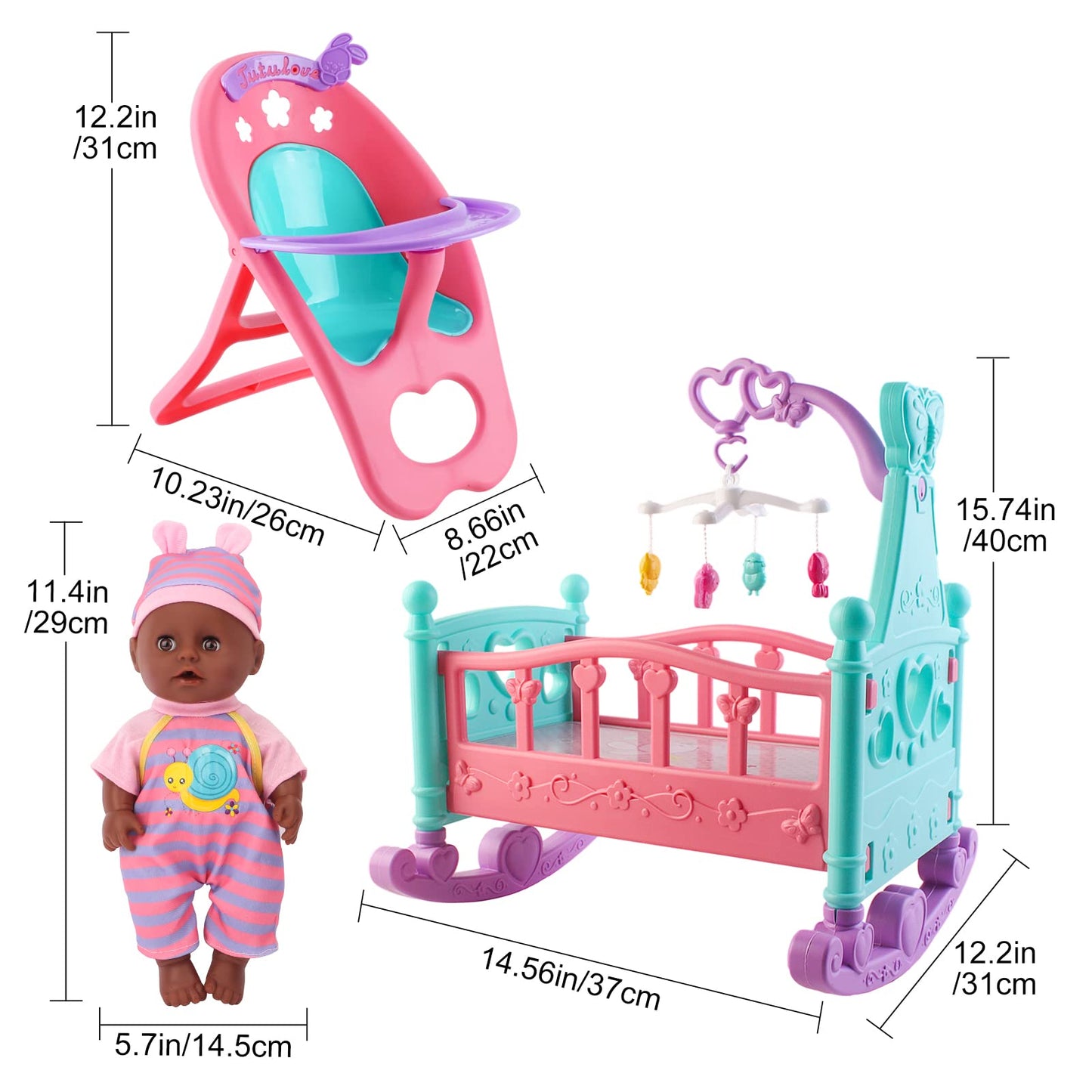 Deao Black Baby Doll Set With Crib American Baby Doll Set Mobile High Chair Stroller Feeding Accessories 21 Pieces Play Set (Baby Doll Included)
