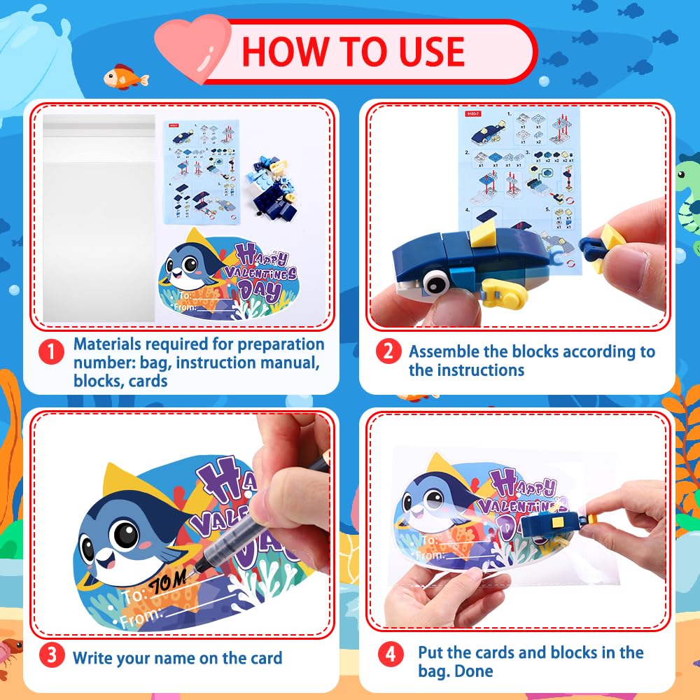 Diydec 30Pcs Valentines Building Blocks, Valentine'S Day Gifts Toys For Kids Marine Animals Building Toys With Cards For Boy Gir