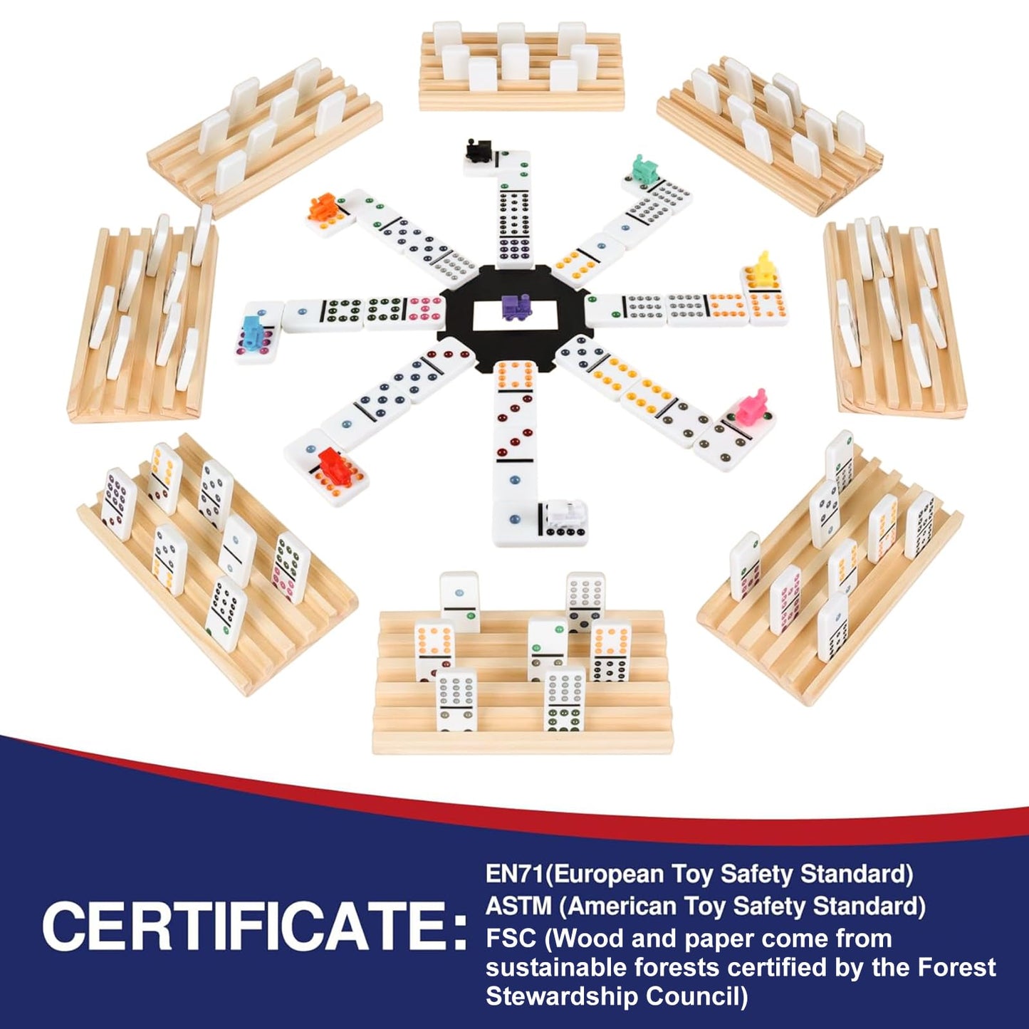 Offelec Double 12 Mexican Train Dominoes Set - 91 Tiles, 8 Trays, 9 Markers, Natural Color Rack, Family Game for 2-8 Players