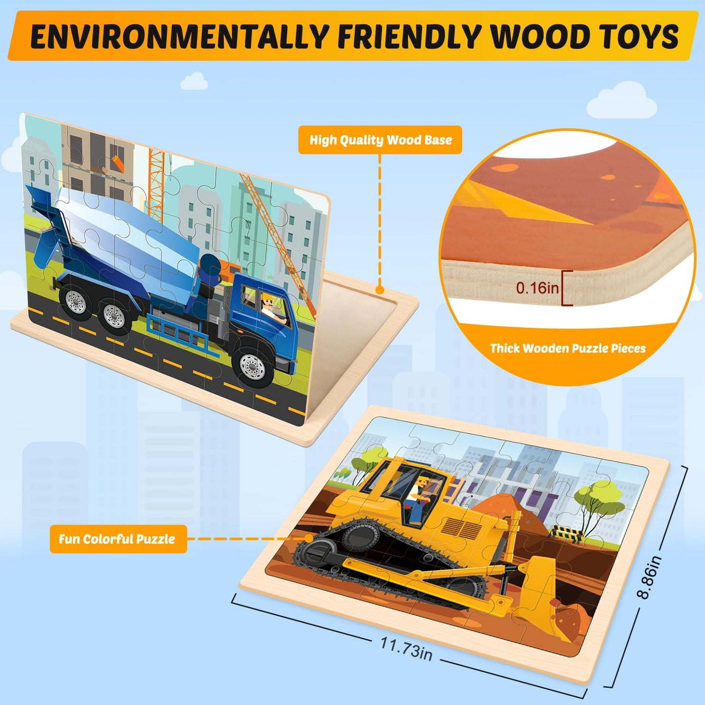 Wooden Puzzles For Kids Ages 4-6, 4 Packs 24 Pcs Construction Vehicle Jigsaw Puzzles For Kids Ages 3-5, Preschool Educational Pu