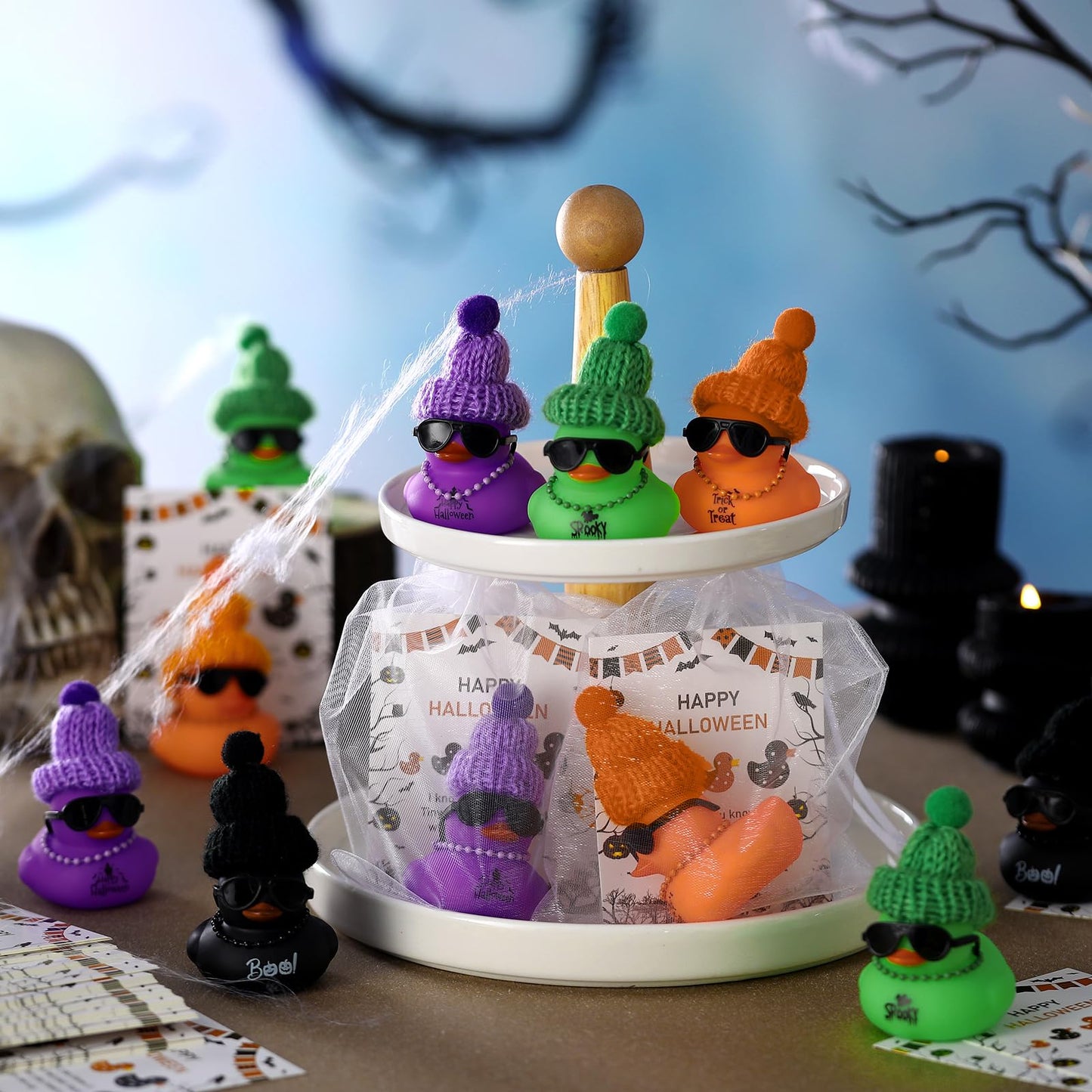 50 Pcs Halloween Rubber Duck for Bath Pool 2 Inch Boo Spooky Orange Purple Trick or Treat Sunglass Bath Duck 50 Card 50 Organza
