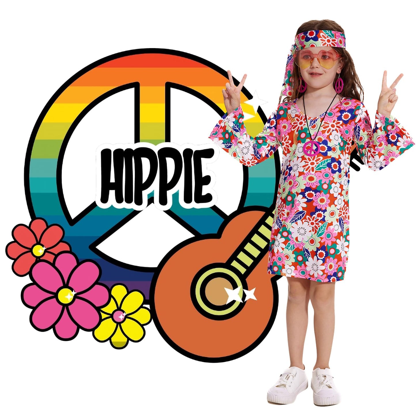 MRYUWB 70s Hippie Dress for Girls, 1970s Outfits Peace Sign Necklace Headband, 60s Themed Party Costumes for Kids 5-14 Years (Fl