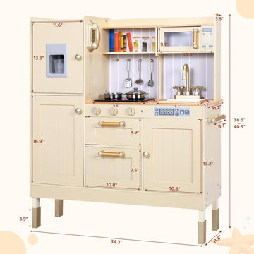 Clevich Wooden Play Kitchen for Kids, Toddler Vintage Kitchen Toy Set w/Pretend Phone, Ice Maker, Towel Rack, Height Adjustable
