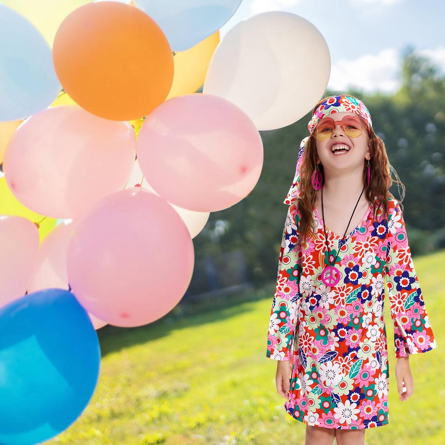 MRYUWB 70s Hippie Dress for Girls, 1970s Outfits Peace Sign Necklace Headband, 60s Themed Party Costumes for Kids 5-14 Years (Fl