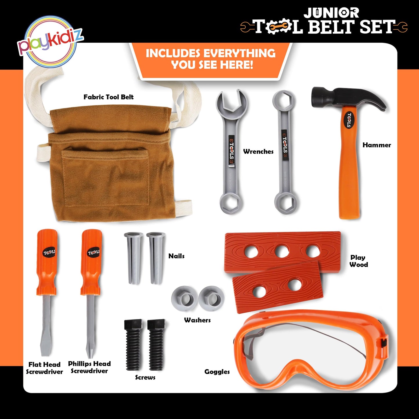 Playkidiz Kids Tool Belt Set - Adjustable Toddler Tool Belt to Pretend Construction, 15pc Durable Kids Toy Tool Set for Learning