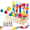Montessori Wooden Toys, Lacing Beads & Stacking Block & Matching Shape Stacker, Montessori Wooden Beads Sequencing Toy Set, Stem