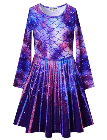 Mermaid Dresses Girls Long Sleeve Swing Fall Winter Fish Scale Outfit Halloween Costume,Size 10 11