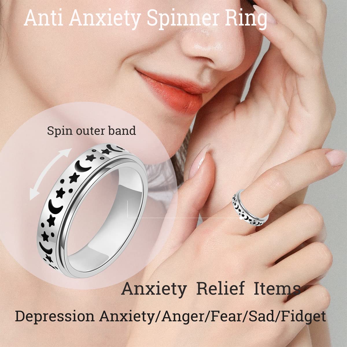 Mhwtty Anxiety Ring For Women Fidget Ring Stainless Steel Spinner Rings Moon Star Fidget Rings Gift For Women Men Silver Size 6