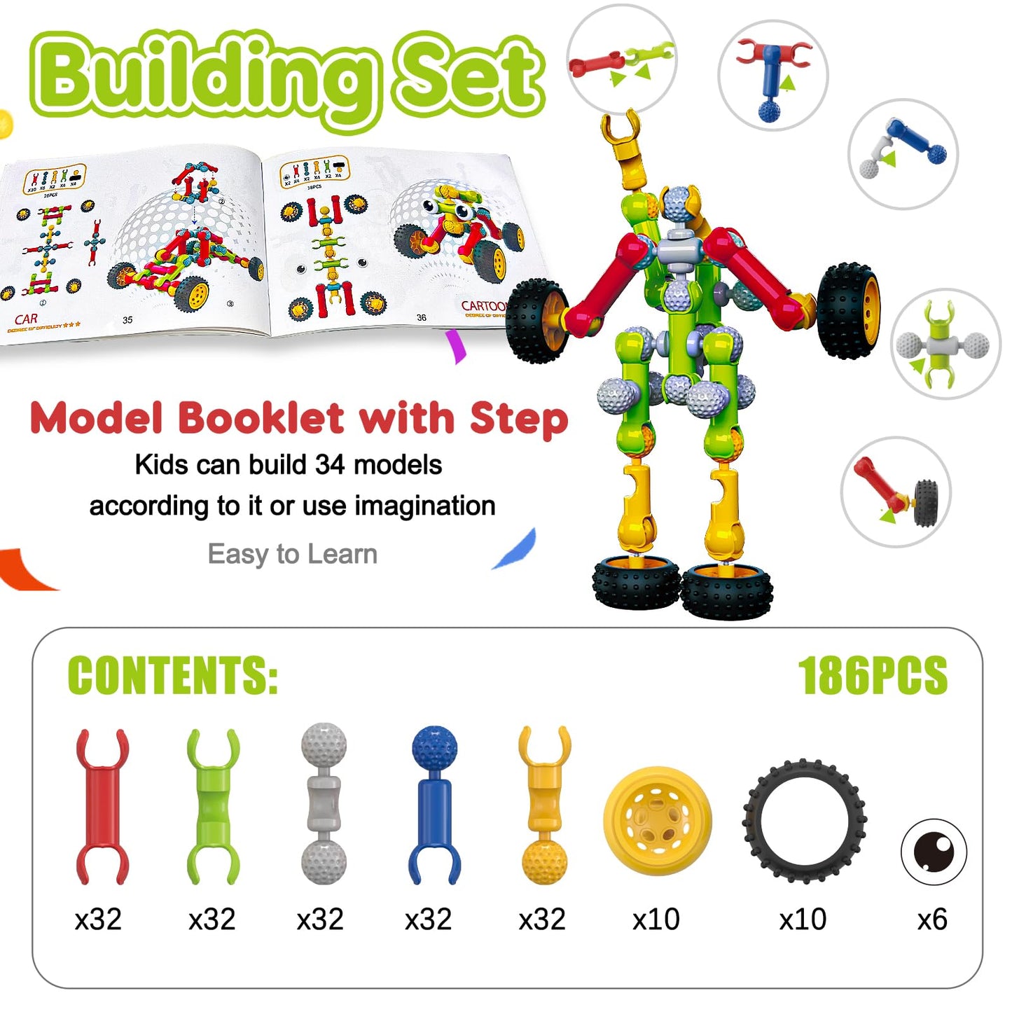 Kids STEM Building Toys for 3 4 5 6 7 8+ Year Old Boy Girl Birthday Gift, 186 Pcs Preschool Classroom Learning Activities Fine M