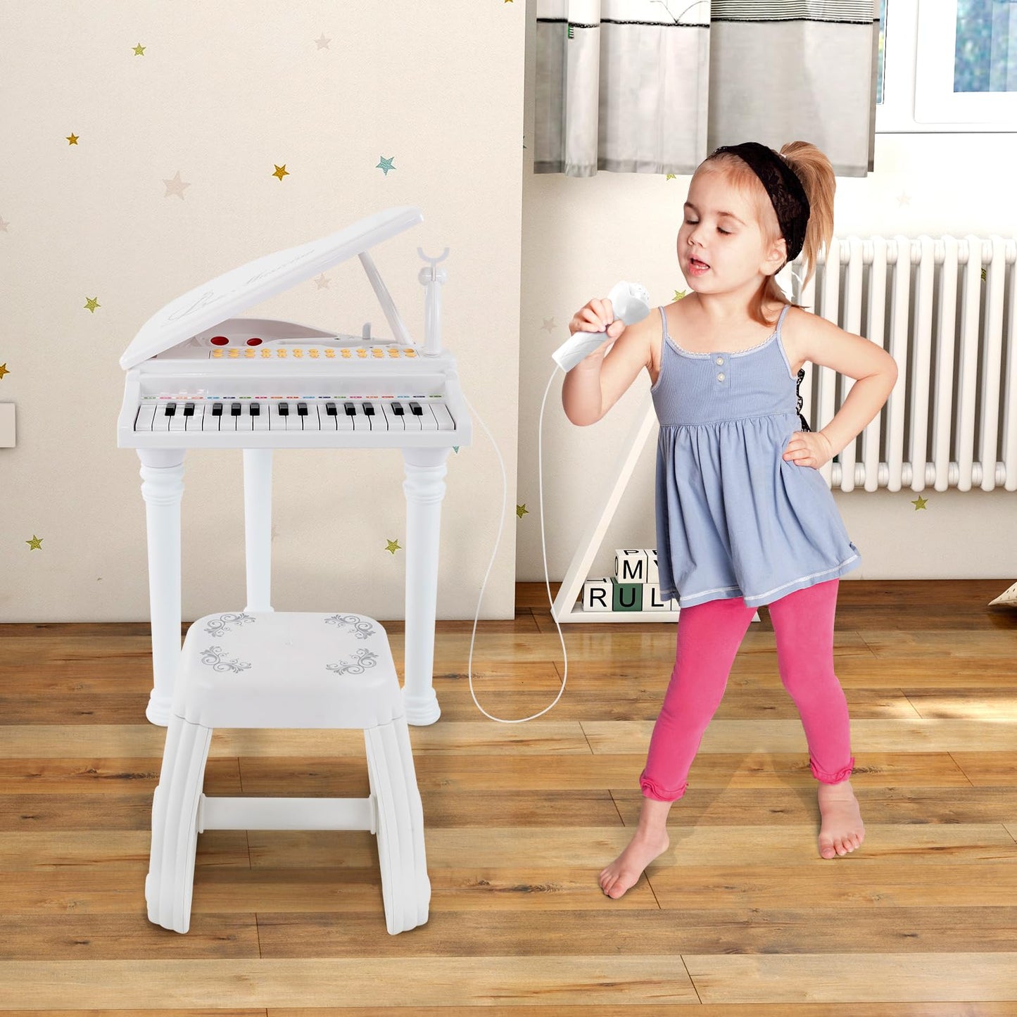 HONEY JOY Classical Kids Piano, 31-Key Toy Mini Grand Piano with Music Stand & Stool, Portable Electronic Educational Musical In