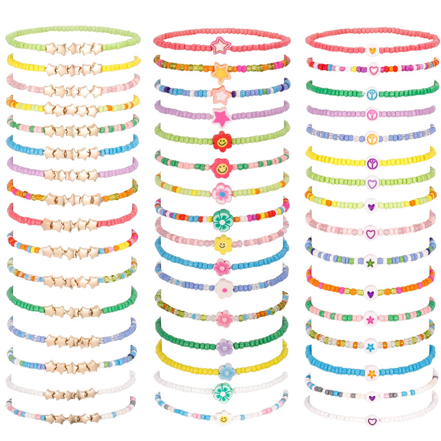 Guiqulai 48 Pcs Kids Friendship Bracelet Set,Colorful Adjustable Beaded Bracelets,Cute Stretch Preppy Bracelets,Stackable Clay S