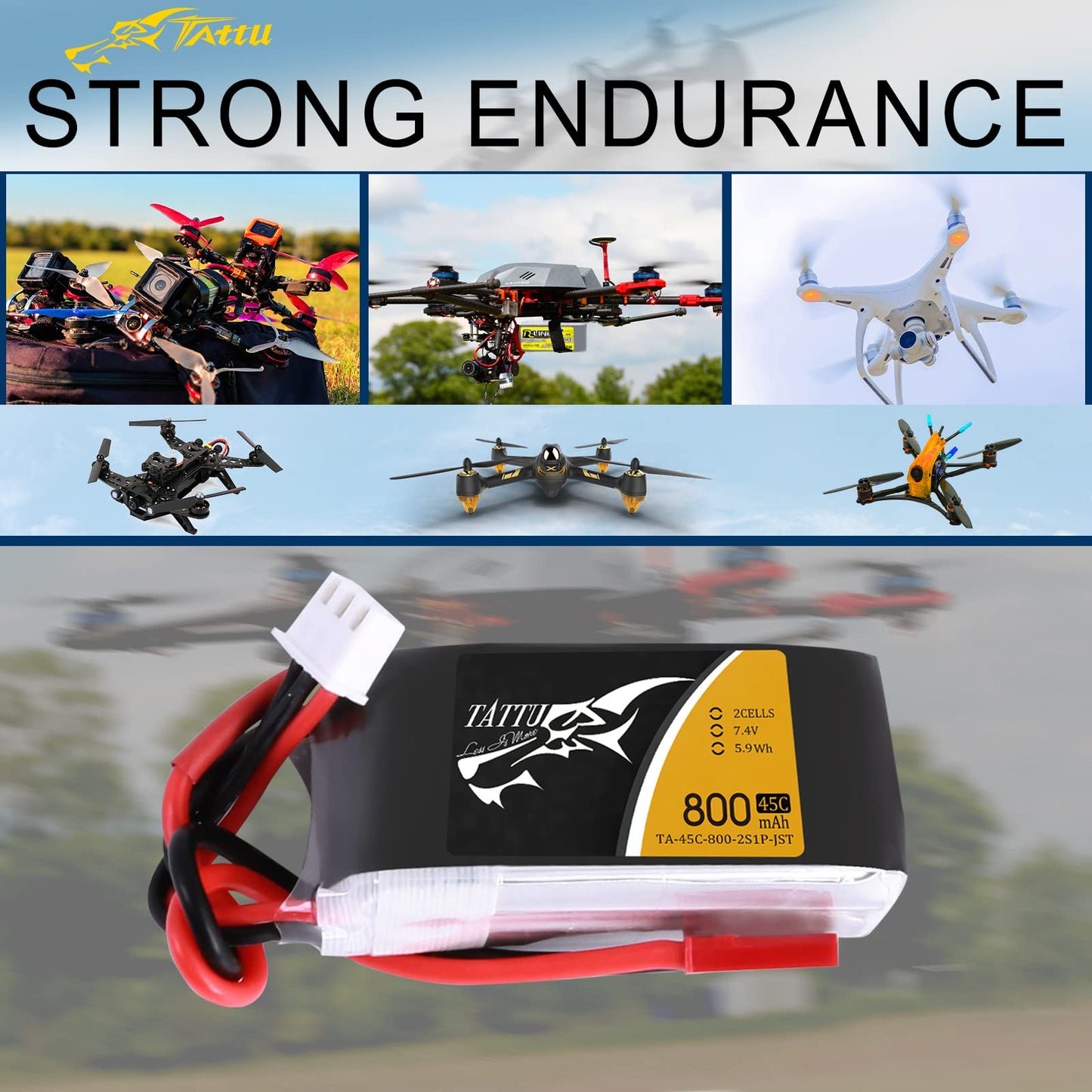TATTU 800mAh 7.4V 45C 2S1P LiPo Battery Pack with JST-SYP Plug for Small Size FPV Torrent 110