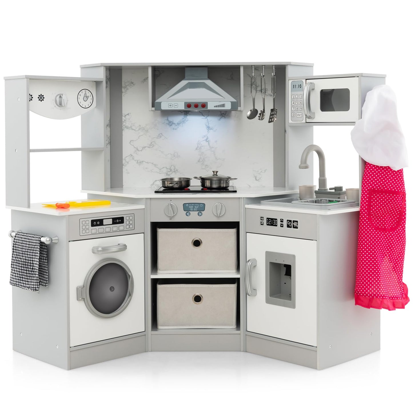HONEY JOY Corner Kids Kitchen Playset, Wooden Play Kitchen for Toddlers, Range Hood, Water Circulation, Water Dispenser, Storage
