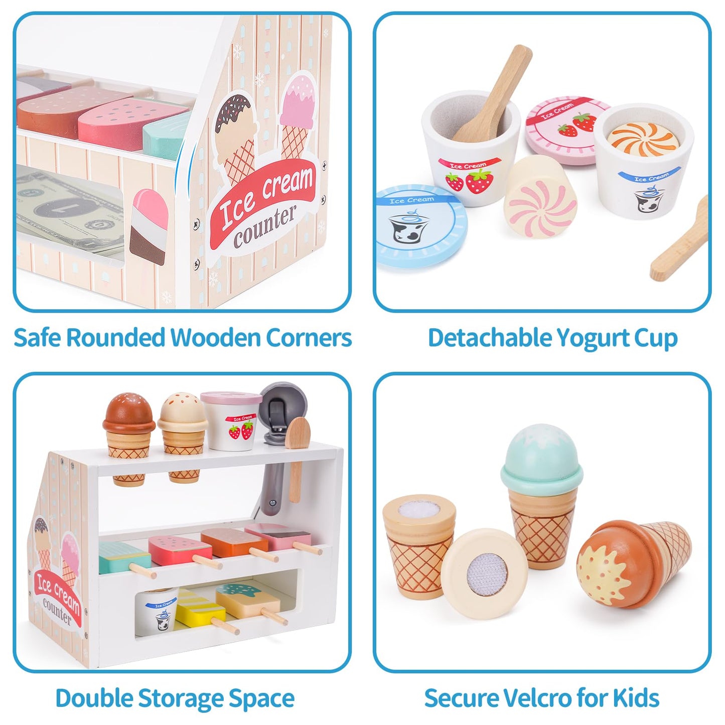 Wooden Ice Cream Counter Playset for Kids, Toddler Girl Toys Kitchen Playset Pretend Play Gifts for 3 4 5 6 Year Old Girl or Boy