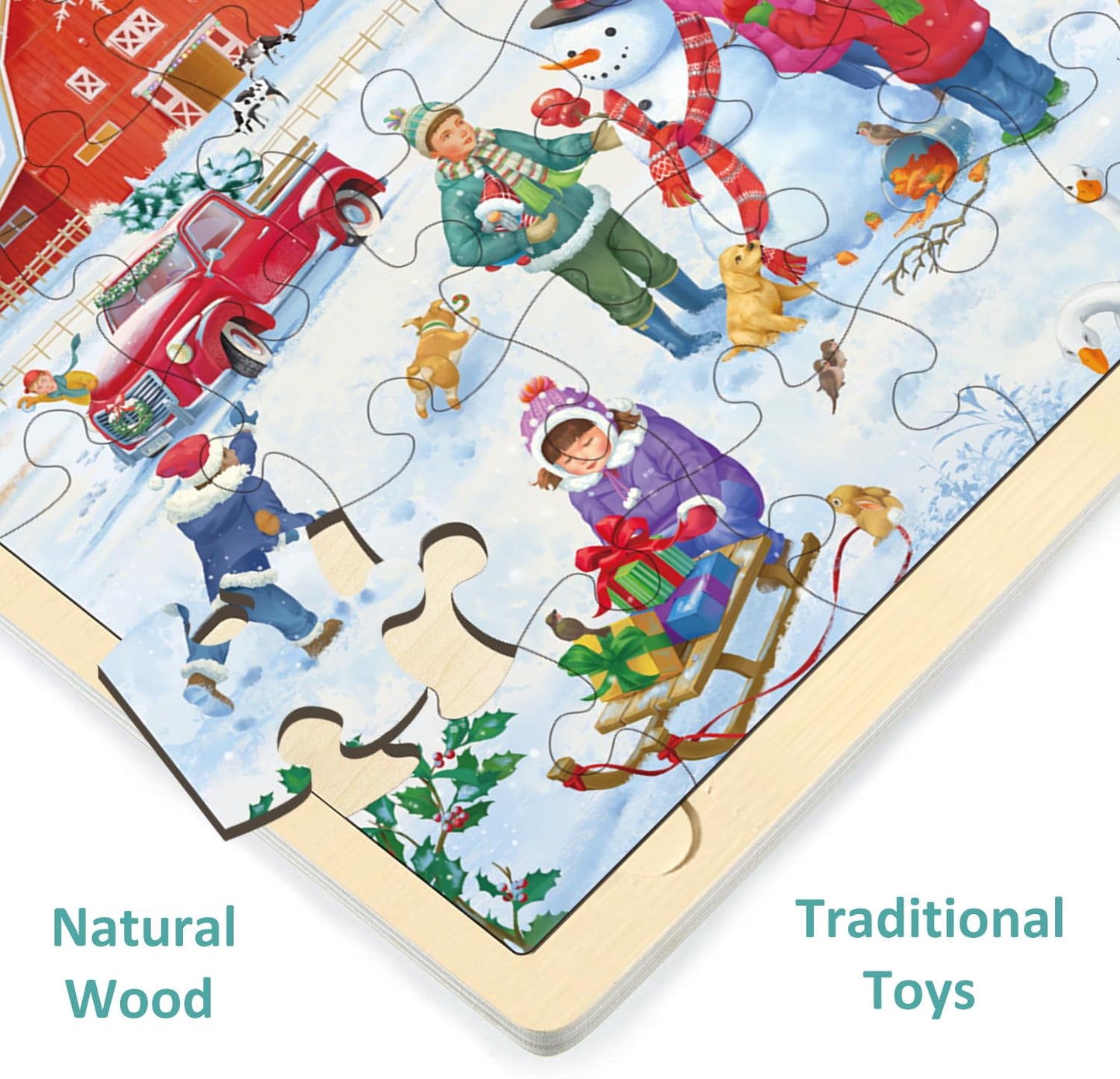 Christmas Puzzles 48 Piece For Kids Ages 3-5 By Moinkidz, Winter Holiday Christmas Wooden Jigsaw Puzzle For 3 4 5 Year Old, Snowy Farm Toddler Puzzles For Kids Ages 4-8 With Storage Tray