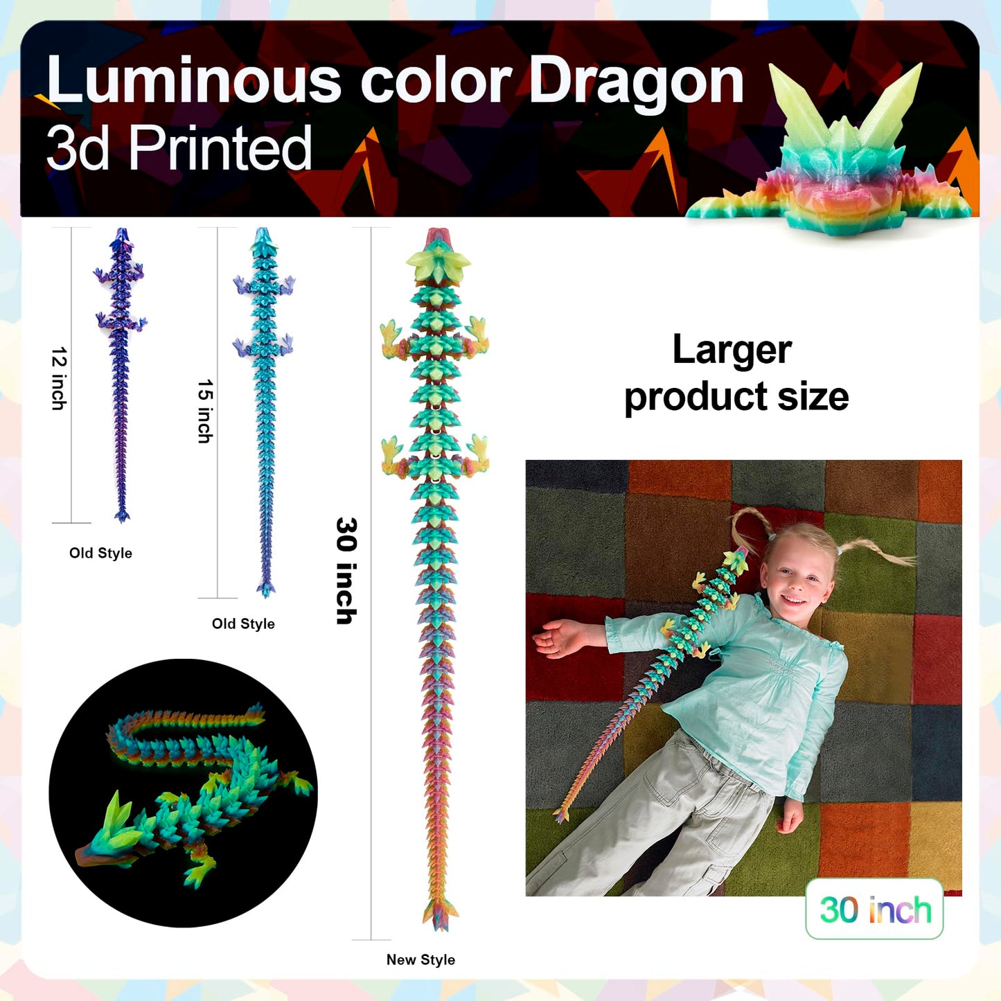 Meet Gladness 30 In 3D Printed Dragon, 30Inch Dragon,3D Dragon Toy,Large Dragon Present,Ariculated Crystal Dragon(Luminous Rainb