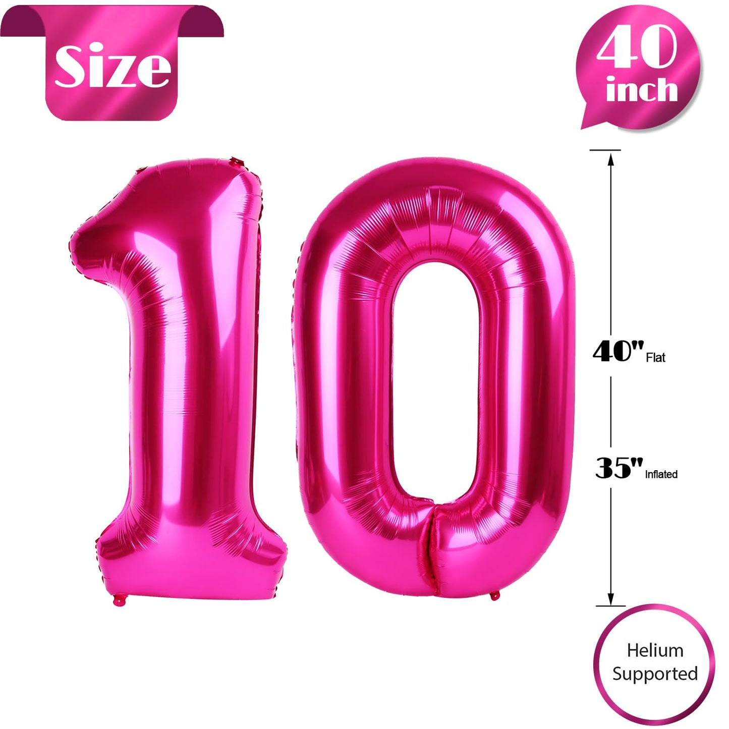 10 Balloon Number, Hot Pink Number 10Th Birthday Balloons 40 Inch, 10 Years Old Hot Pink Birthday Decorations For Boys Girls, 10