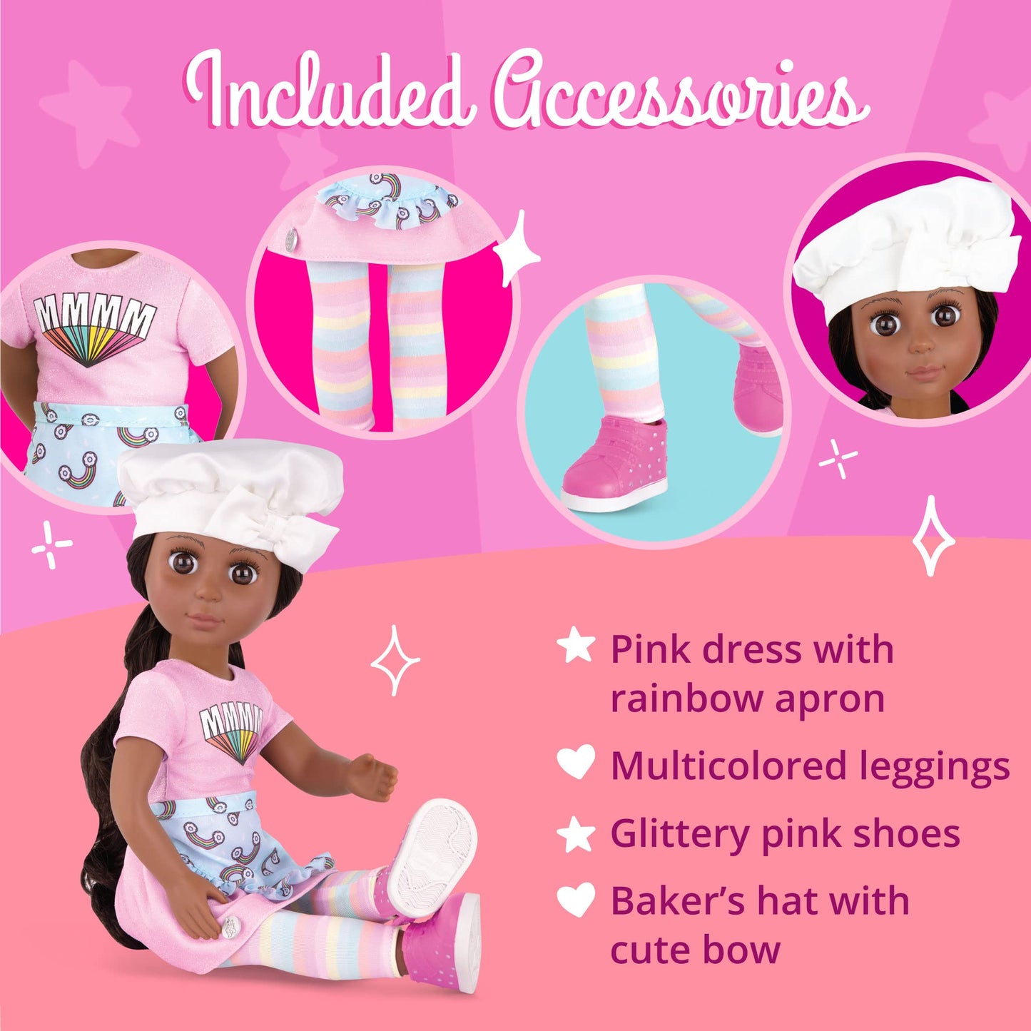 Glitter Girls – 14-Inch Posable Doll – Black Hair & Deep Brown Eyes – Rainbow Outfit & Glitter Shoes – Baker’S Hat & Apron – 3 Years + – Ryanne