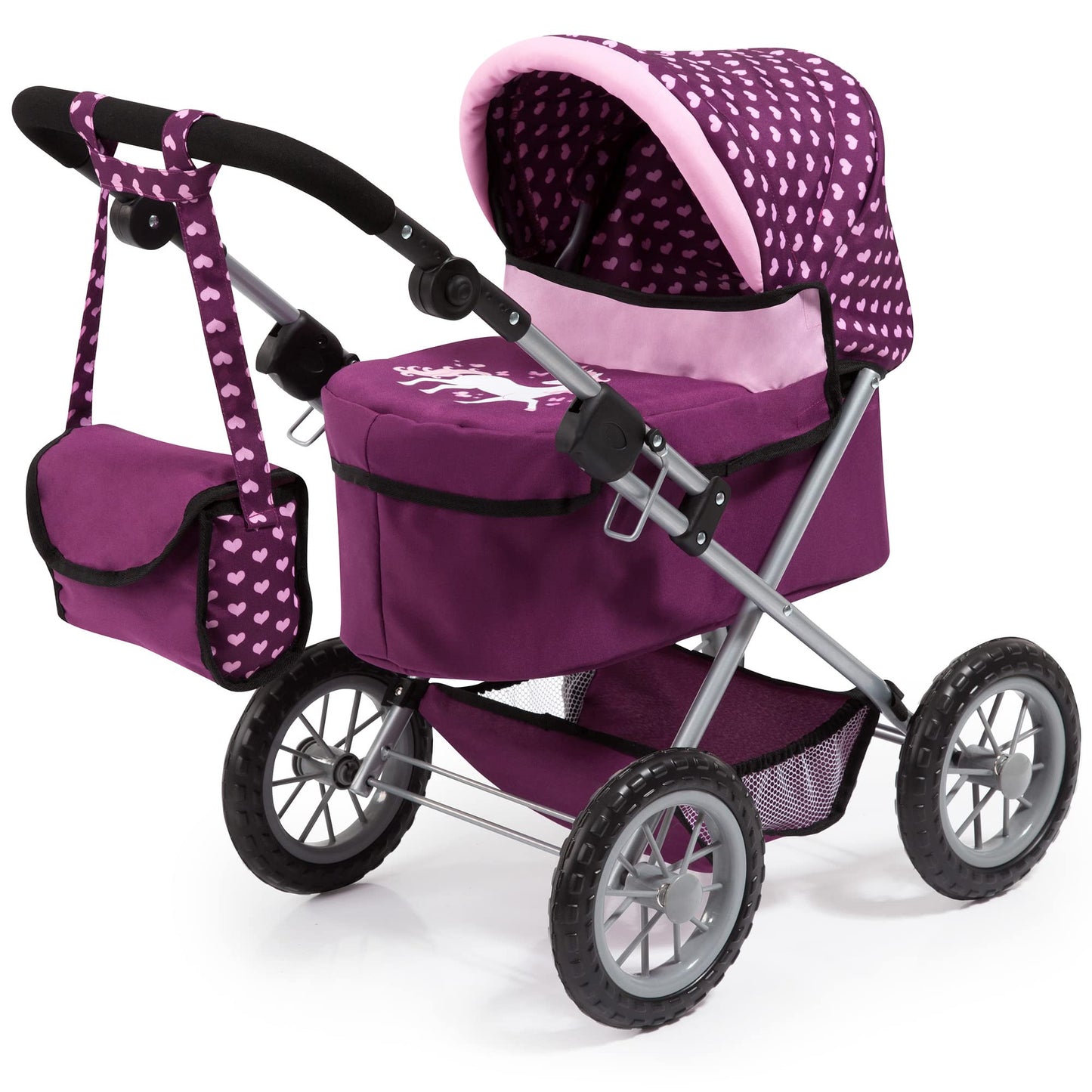 Bayer Design Dolls: Trendy Pram - Burgundy, Pink, Hearts - Includes Shoulder Bag, Fits Dolls Up To 18'', Adjustable Handle, Kids