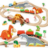 Lehoo Castle Dinosaur Wooden Train Set, Natural Wood, Fits Thomas & Brio, Ideal for Toddlers 2-5, Model WTT-001