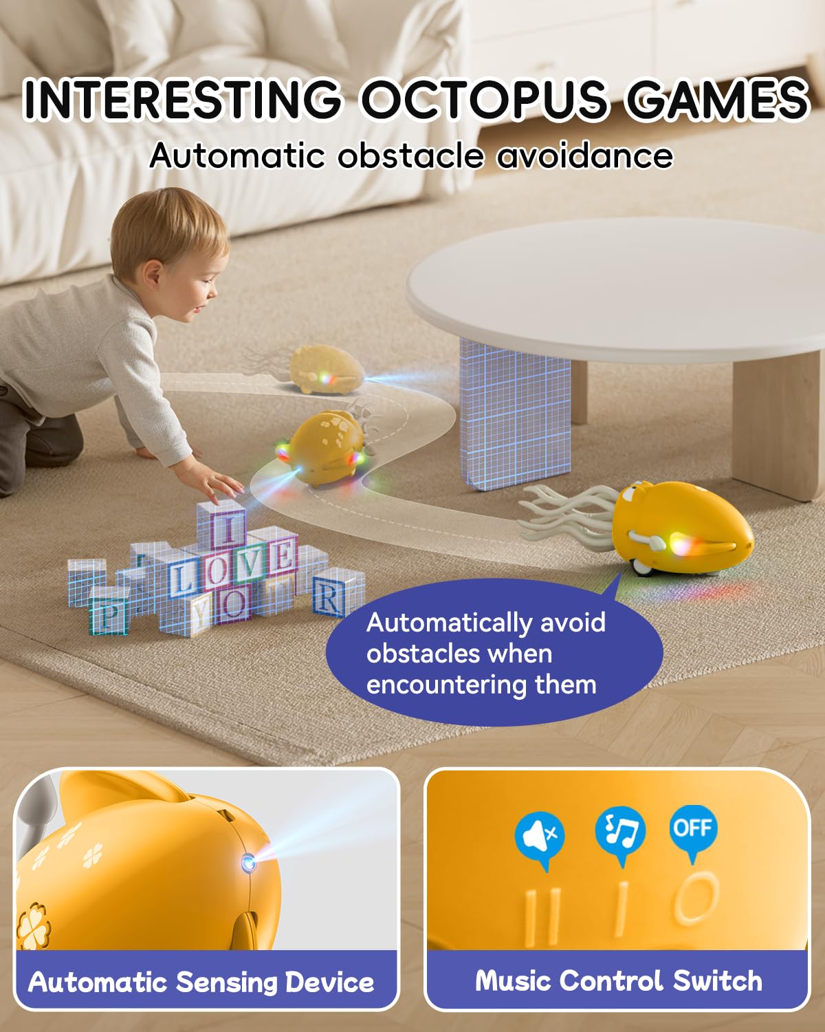 topfresh Electric Crawling Dancing Octopus Toy - LED Lights & Music, USB-C Rechargeable Tummy Time Toy for 36 Months-6 Years Tod