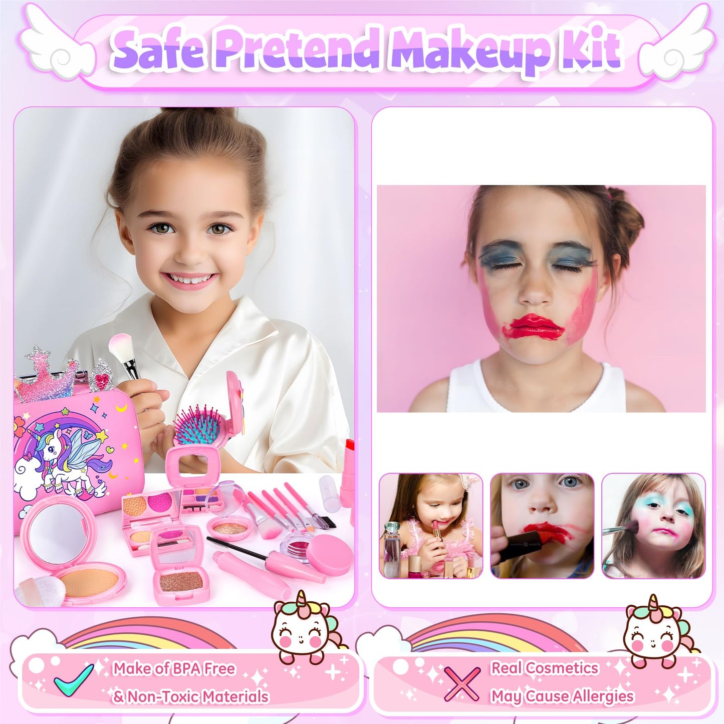 GINMIC Pretend Makeup for Toddlers, Pretend Play Makeup for Little Girls,Toddler Toys Makeup kit with Unicorn Cosmetic Bag for L